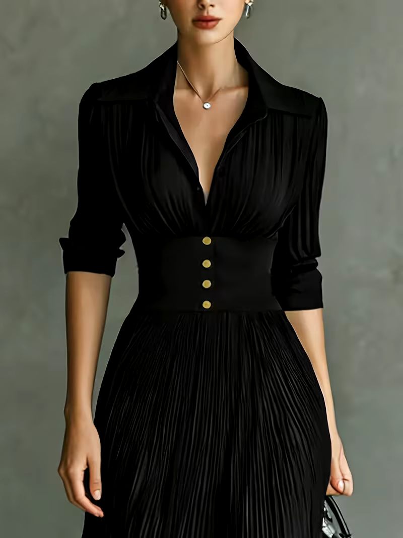 Leonora | Formal Maxi Dress with Lapel Collar and Pleated Skirt