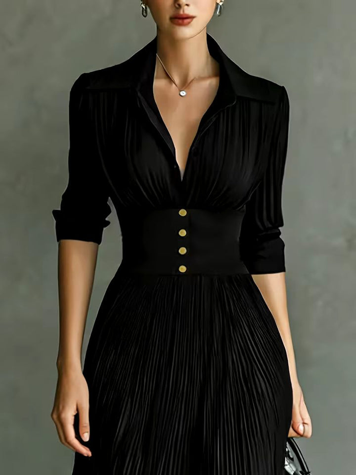 Leonora | Formal Maxi Dress with Lapel Collar and Pleated Skirt