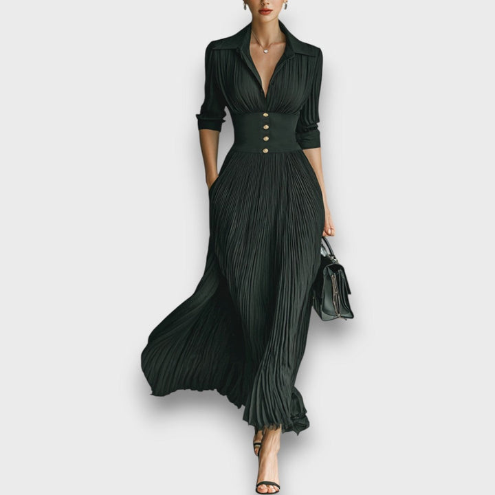 Leonora | Formal Maxi Dress with Lapel Collar and Pleated Skirt