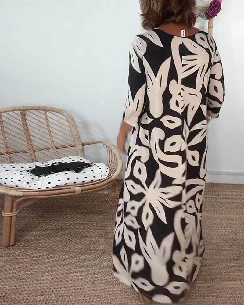 Lorraine | Abstract Print Maxi Dress with Round Neck and Three Quarter Sleeves