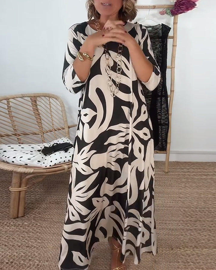 Lorraine | Abstract Print Maxi Dress with Round Neck and Three Quarter Sleeves