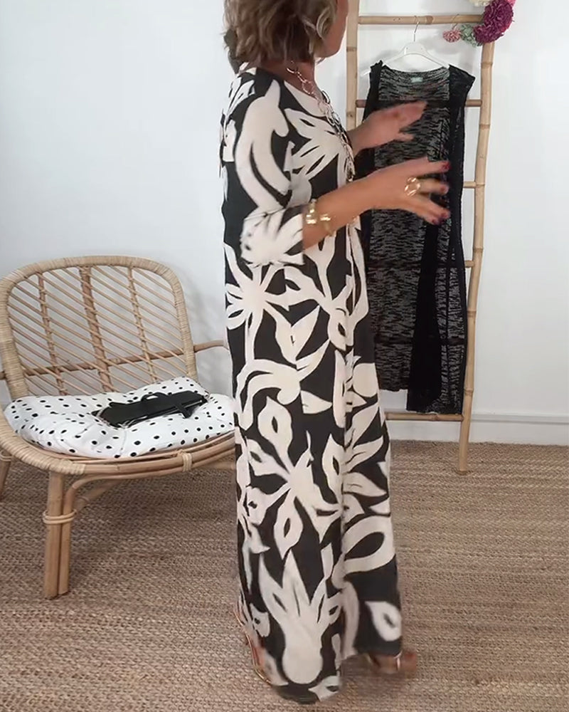 Lorraine | Abstract Print Maxi Dress with Round Neck and Three Quarter Sleeves