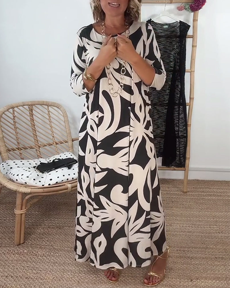 Lorraine | Abstract Print Maxi Dress with Round Neck and Three Quarter Sleeves