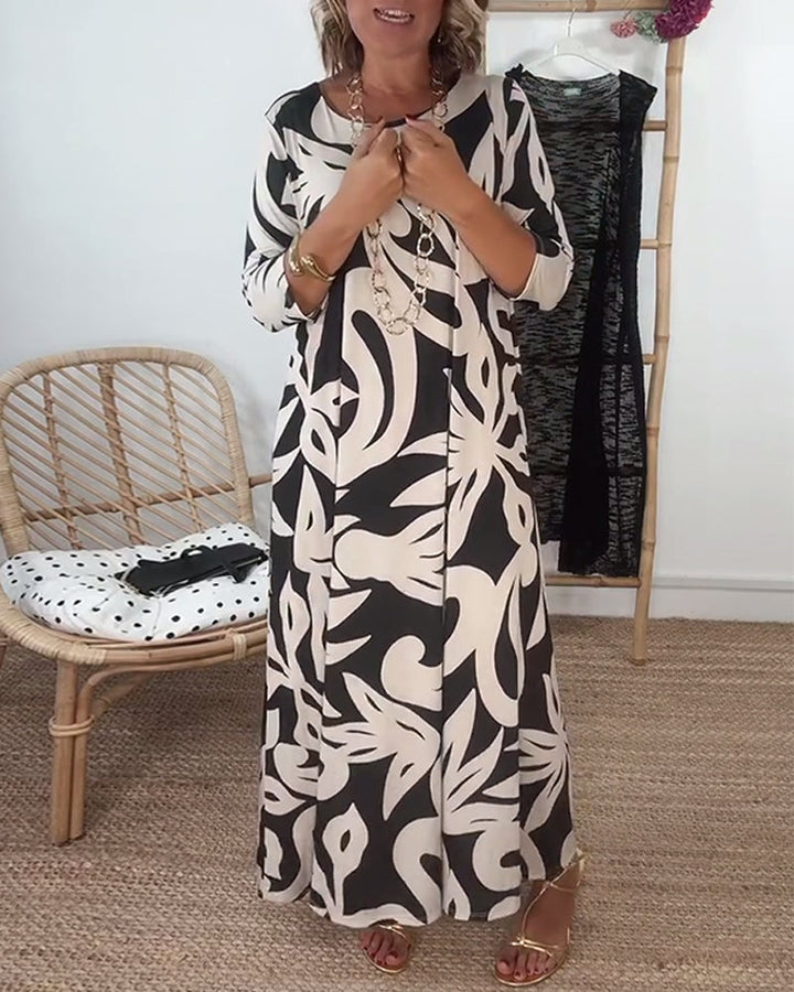 Lorraine | Abstract Print Maxi Dress with Round Neck and Three Quarter Sleeves