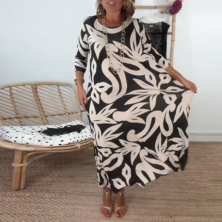 Lorraine | Abstract Print Maxi Dress with Round Neck and Three Quarter Sleeves