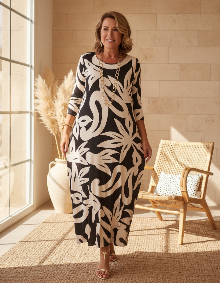 Lorraine | Abstract Print Maxi Dress with Round Neck and Three Quarter Sleeves