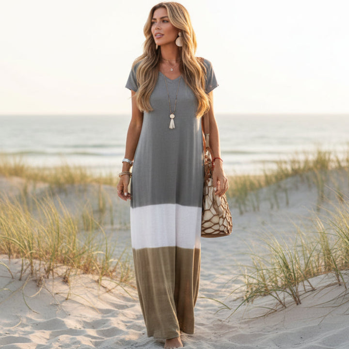 Lorraine | Boho Maxi Dress with Colorblock Stripe and Short Sleeves