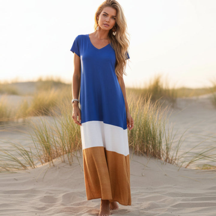 Lorraine | Boho Maxi Dress with Colorblock Stripe and Short Sleeves