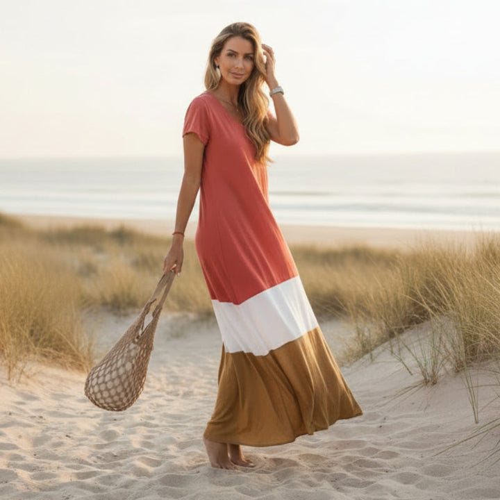 Lorraine | Boho Maxi Dress with Colorblock Stripe and Short Sleeves