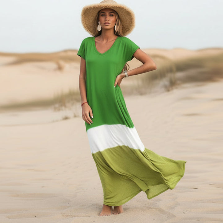 Lorraine | Boho Maxi Dress with Colorblock Stripe and Short Sleeves
