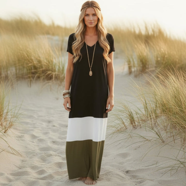 Lorraine | Boho Maxi Dress with Colorblock Stripe and Short Sleeves