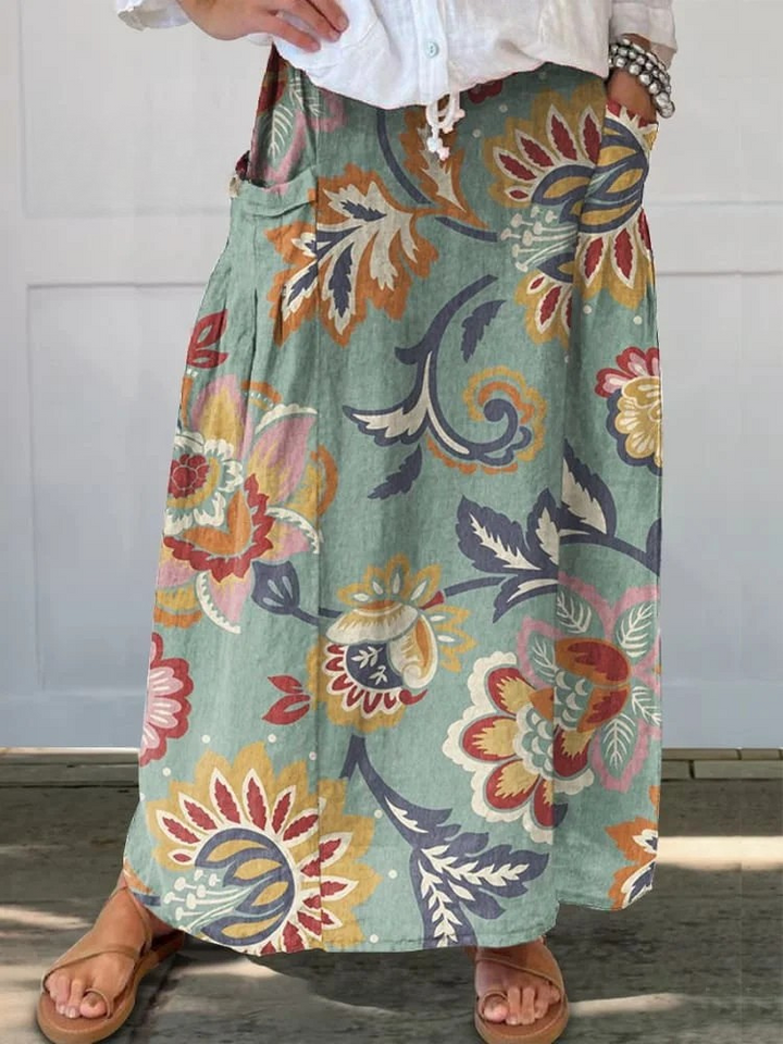 Margaret | Boho Floral Maxi Skirt with Elasticated Waist and Deep Pockets