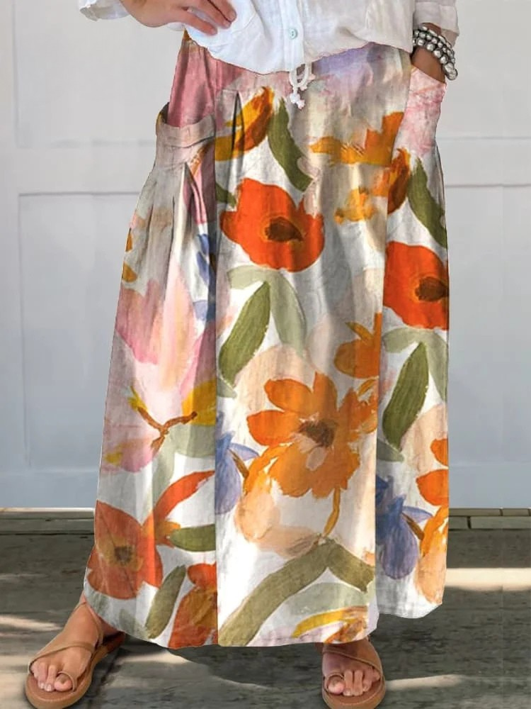 Margaret | Boho Floral Maxi Skirt with Elasticated Waist and Deep Pockets