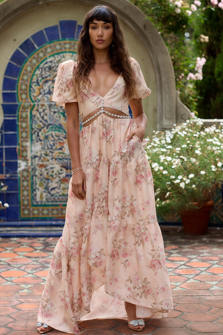 Margaux | Floral Maxi Dress with V Neck and Puff Sleeves