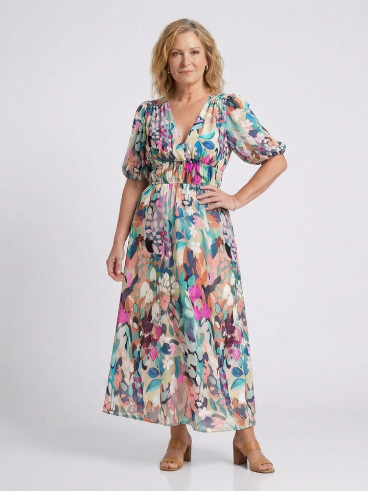 Margaux | Floral Maxi Sundress with V Neck and Gathered Waist