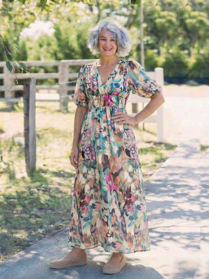 Margaux | Floral Maxi Sundress with V Neck and Gathered Waist