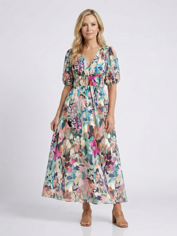 Margaux | Floral Maxi Sundress with V Neck and Gathered Waist