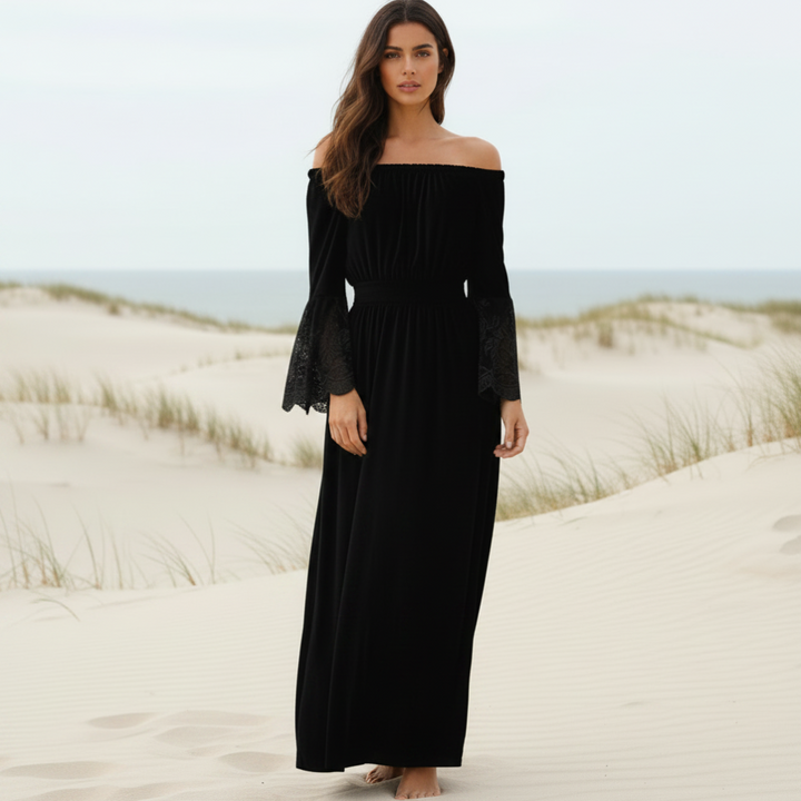 Marjorie | Boho Maxi Dress with Off Shoulder Neckline and Lace Sleeves