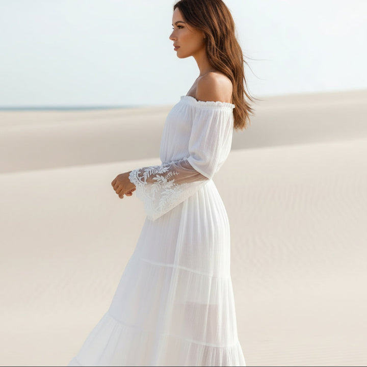 Marjorie | Boho Maxi Dress with Off Shoulder Neckline and Lace Sleeves