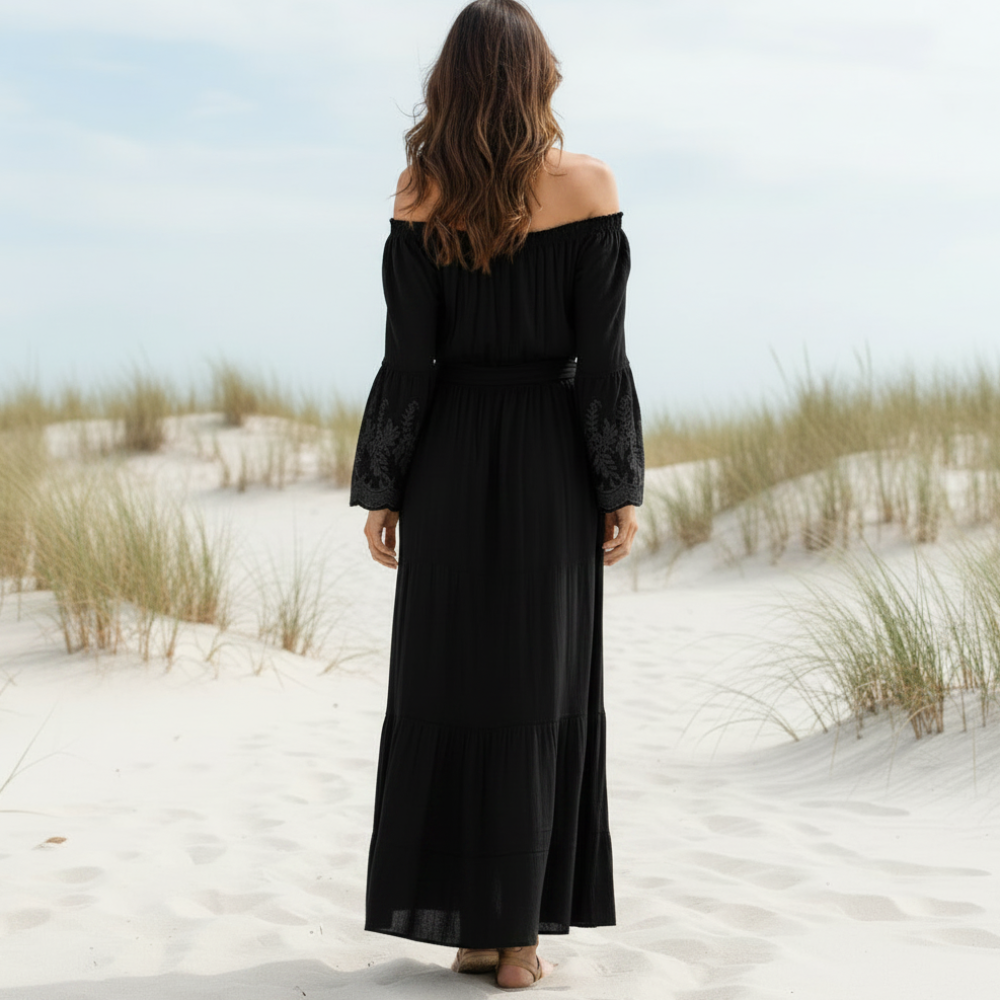Marjorie | Boho Maxi Dress with Off Shoulder Neckline and Lace Sleeves