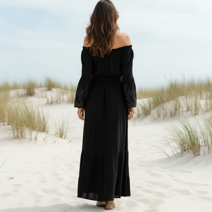 Marjorie | Boho Maxi Dress with Off Shoulder Neckline and Lace Sleeves