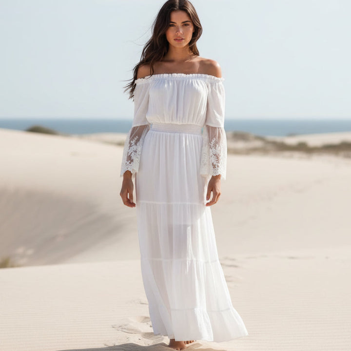 Marjorie | Boho Maxi Dress with Off Shoulder Neckline and Lace Sleeves