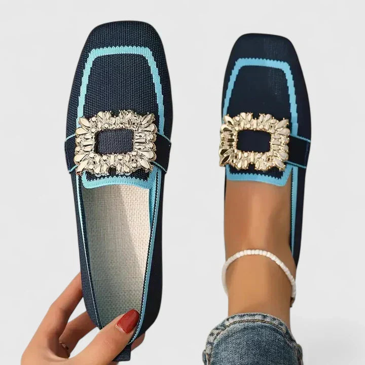 Maylora | Orthopedic Square Toe Loafers with Crystal Buckle and Woven Upper
