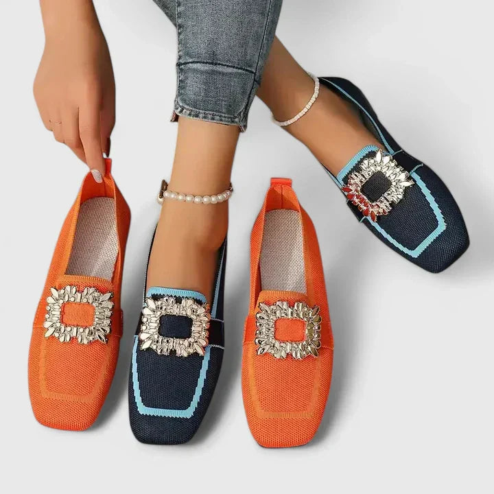 Maylora | Orthopedic Square Toe Loafers with Crystal Buckle and Woven Upper