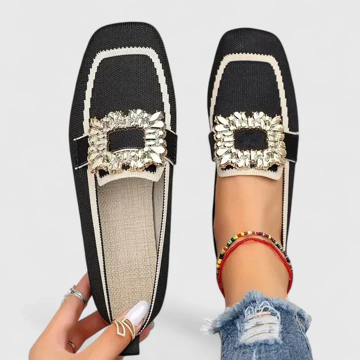 Maylora | Orthopedic Square Toe Loafers with Crystal Buckle and Woven Upper