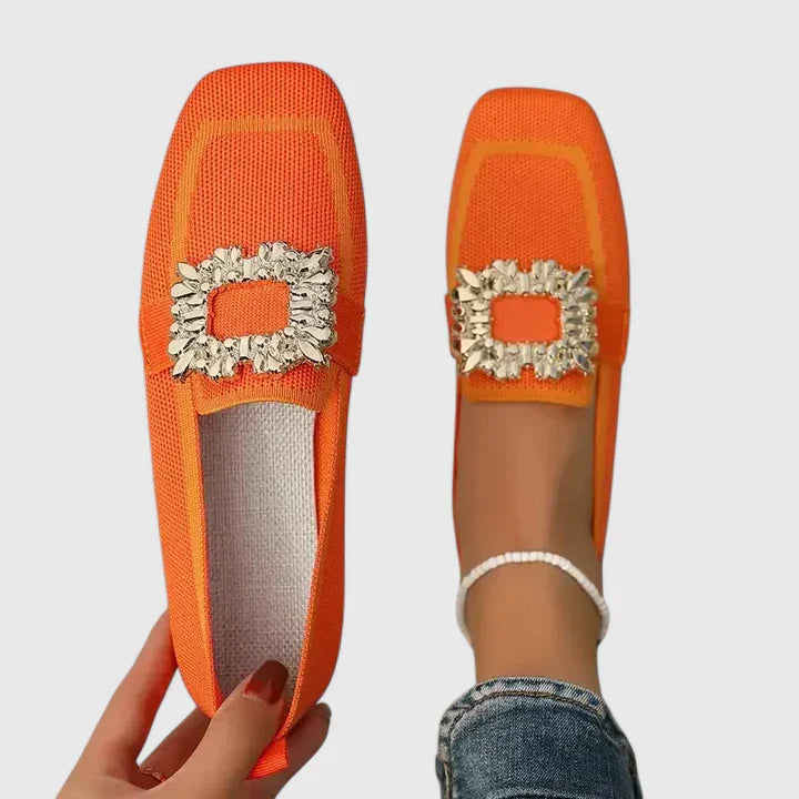 Maylora | Orthopedic Square Toe Loafers with Crystal Buckle and Woven Upper