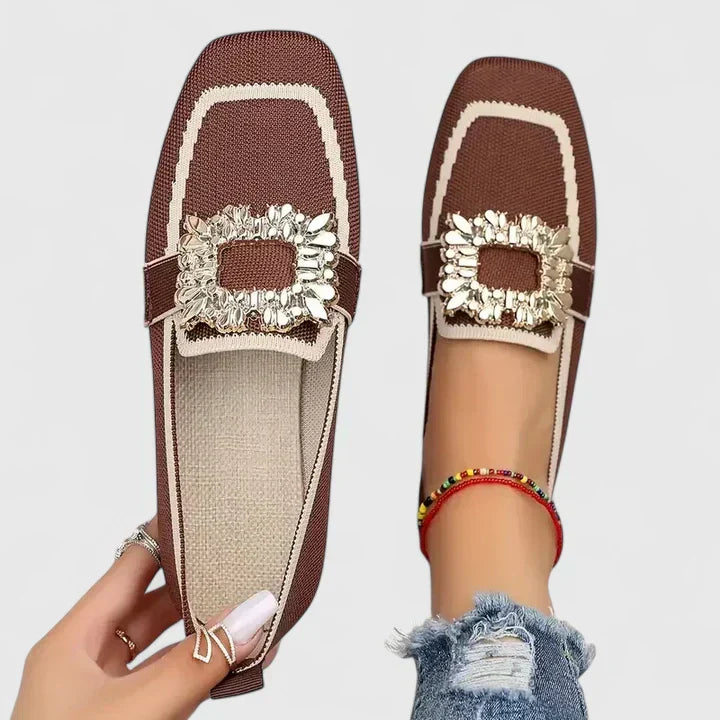 Maylora | Orthopedic Square Toe Loafers with Crystal Buckle and Woven Upper