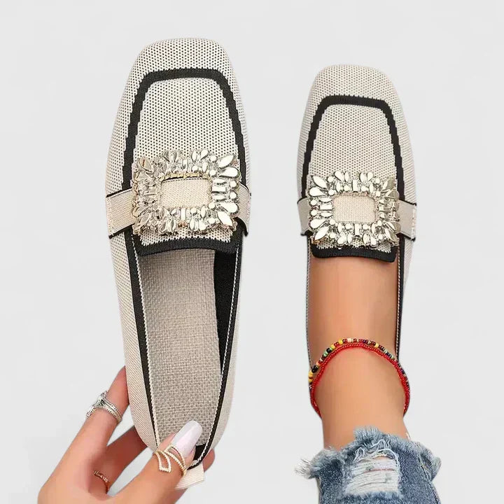 Maylora | Orthopedic Square Toe Loafers with Crystal Buckle and Woven Upper