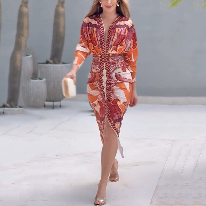 Melissa | Abstract Print Fitted Maxi Dress with Deep V Neck and Long Sleeves