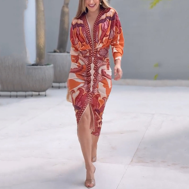 Melissa | Abstract Print Fitted Maxi Dress with Deep V Neck and Long Sleeves