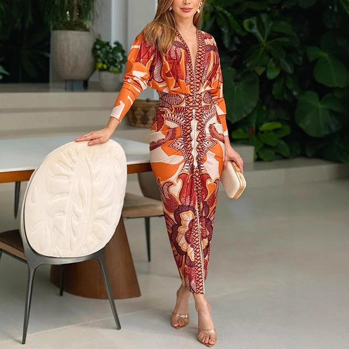 Melissa | Abstract Print Fitted Maxi Dress with Deep V Neck and Long Sleeves