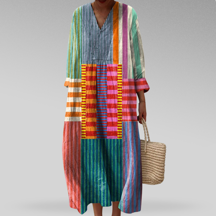 Myrelle | Linen Maxi Dress with Colorblock Patchwork Stripe and V Neck