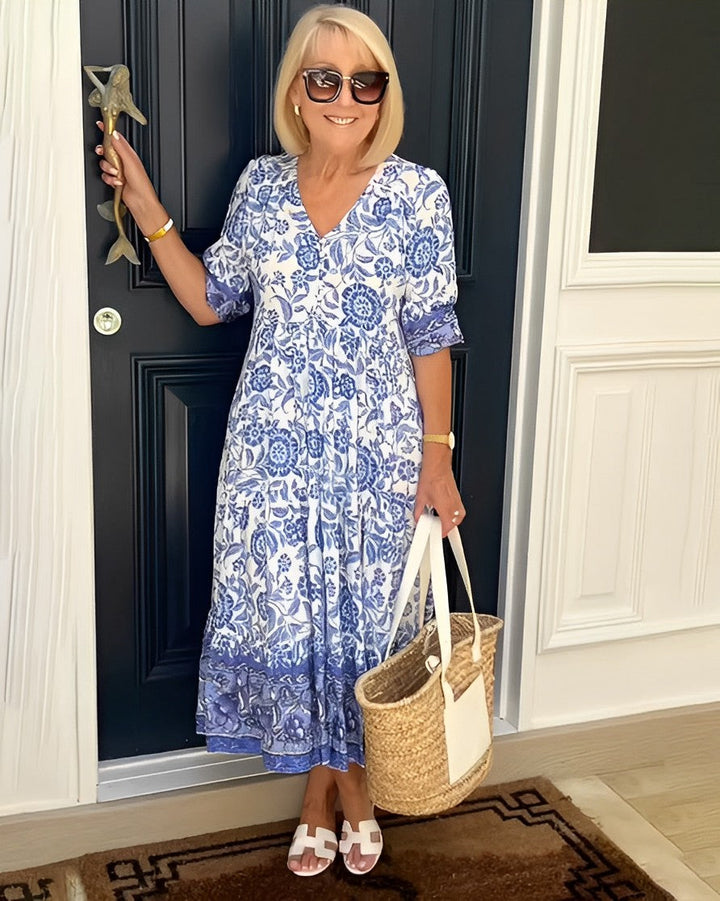 Nancy | Floral Wrap Maxi Dress with V Neck and Short Sleeves