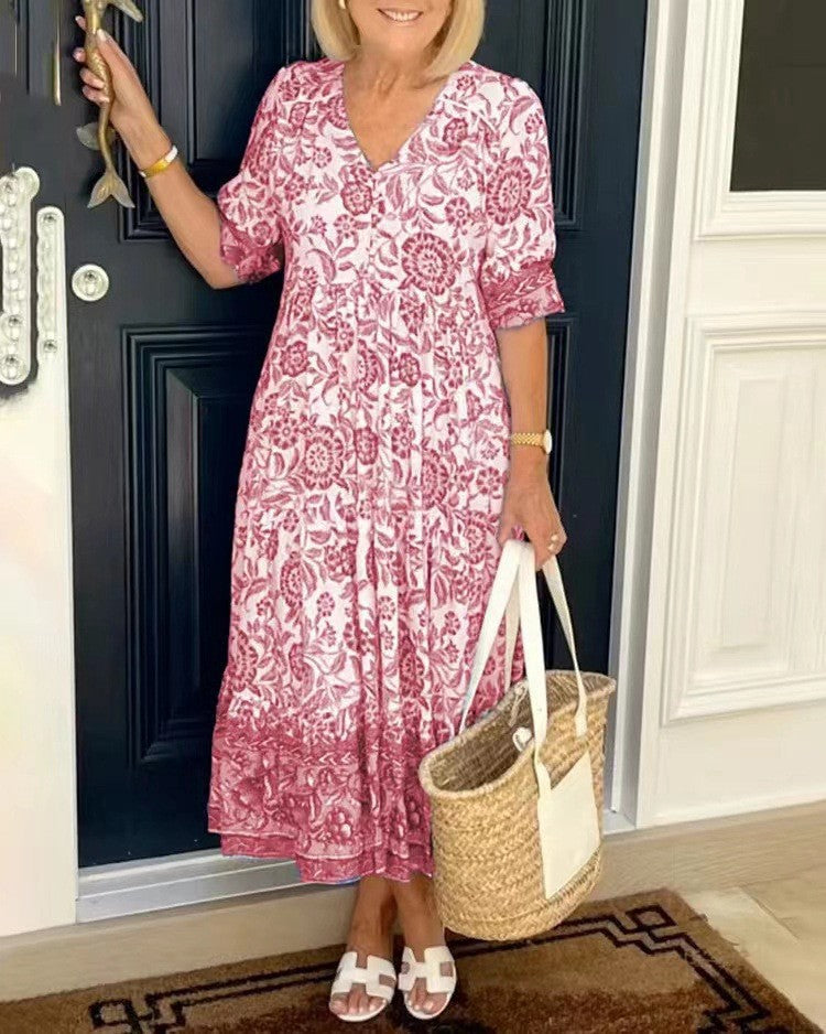 Nancy | Floral Wrap Maxi Dress with V Neck and Short Sleeves