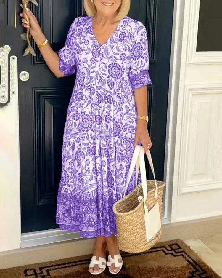 Nancy | Floral Wrap Maxi Dress with V Neck and Short Sleeves