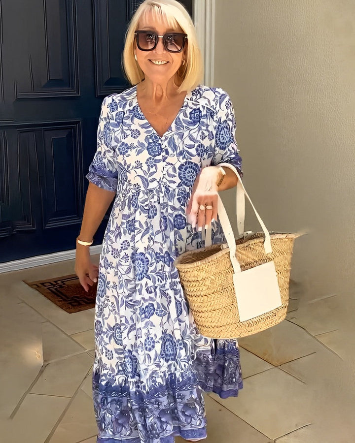 Nancy | Floral Wrap Maxi Dress with V Neck and Short Sleeves