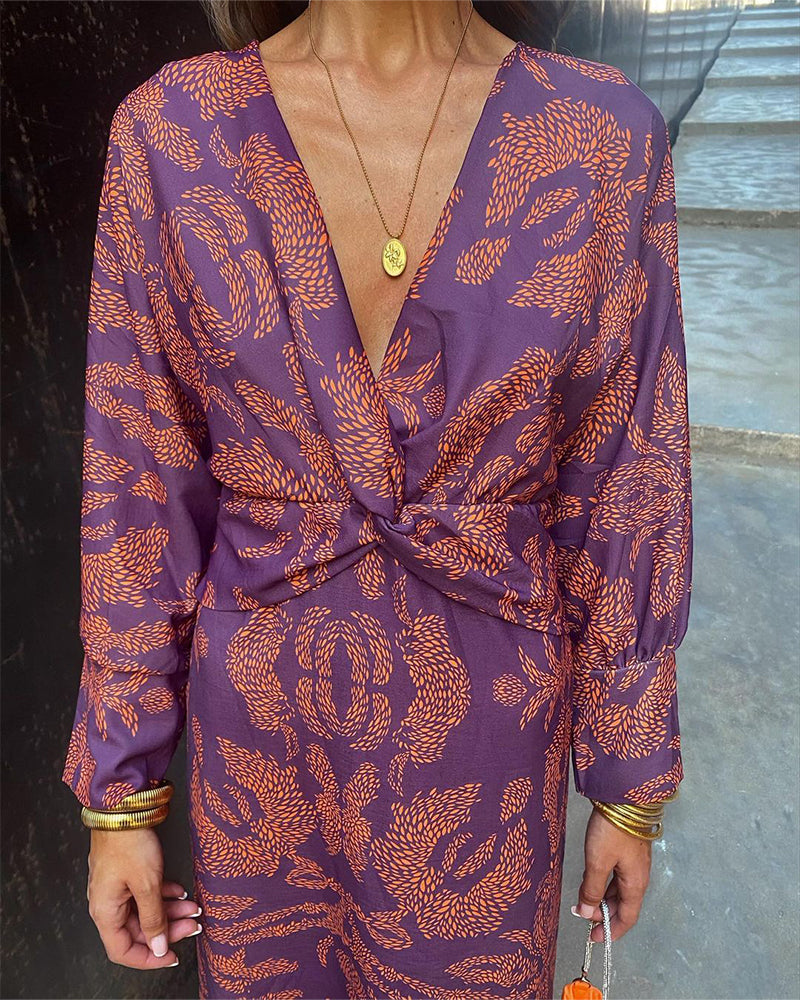 Pauline | Botanical Print Wrap Maxi Dress with Deep V Neck and Long Sleeves