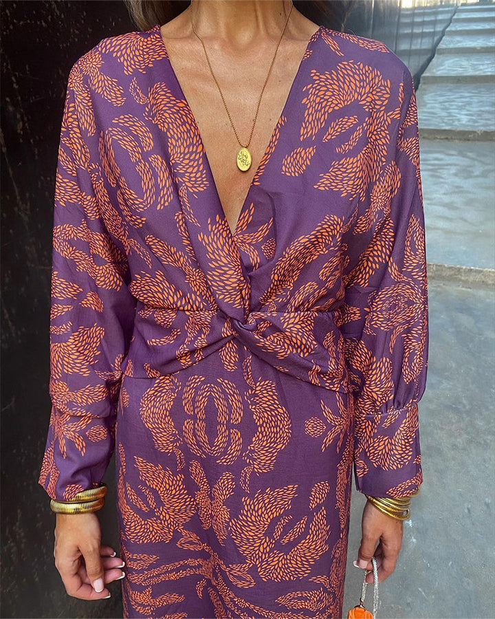 Pauline | Botanical Print Wrap Maxi Dress with Deep V Neck and Long Sleeves