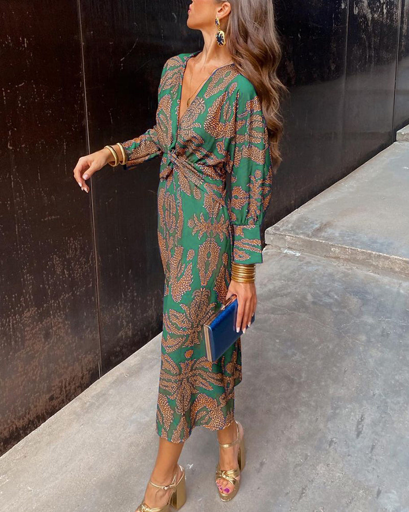 Pauline | Botanical Print Wrap Maxi Dress with Deep V Neck and Long Sleeves