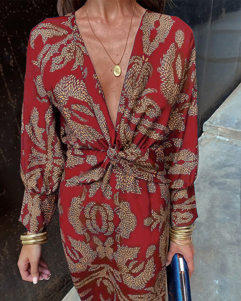 Pauline | Botanical Print Wrap Maxi Dress with Deep V Neck and Long Sleeves