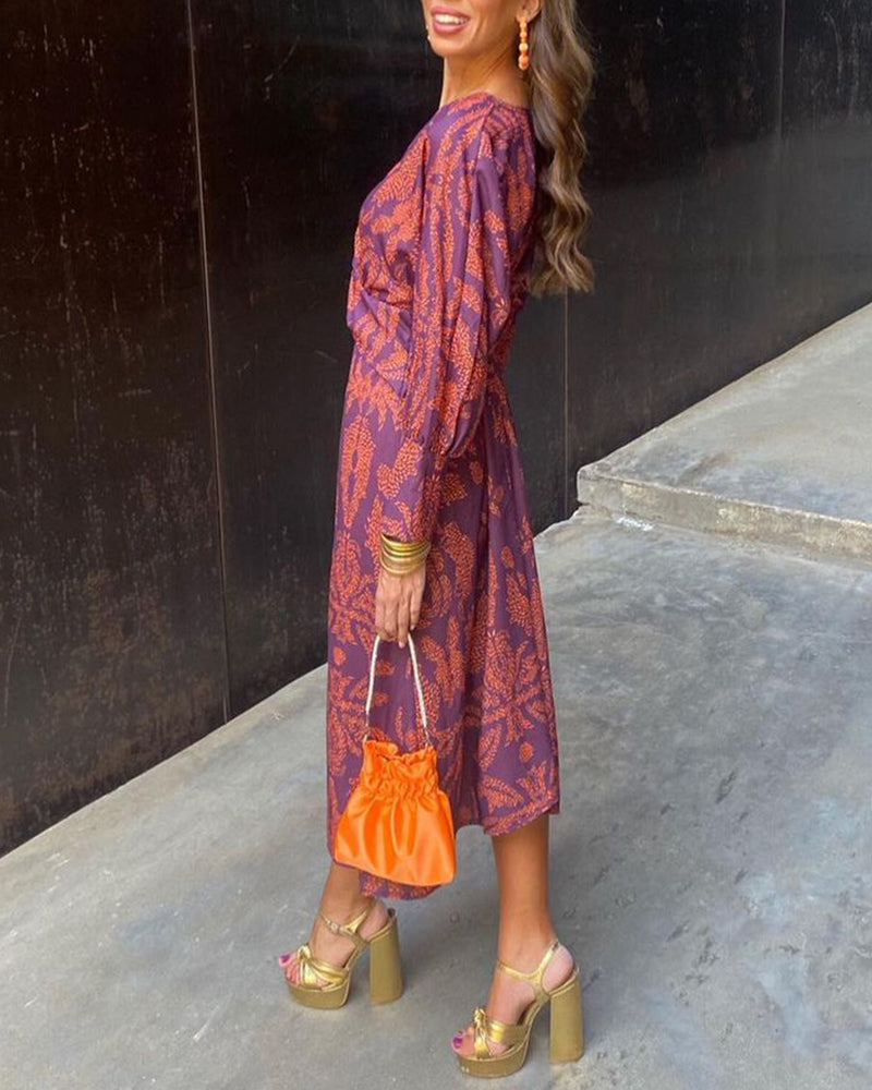 Pauline | Botanical Print Wrap Maxi Dress with Deep V Neck and Long Sleeves