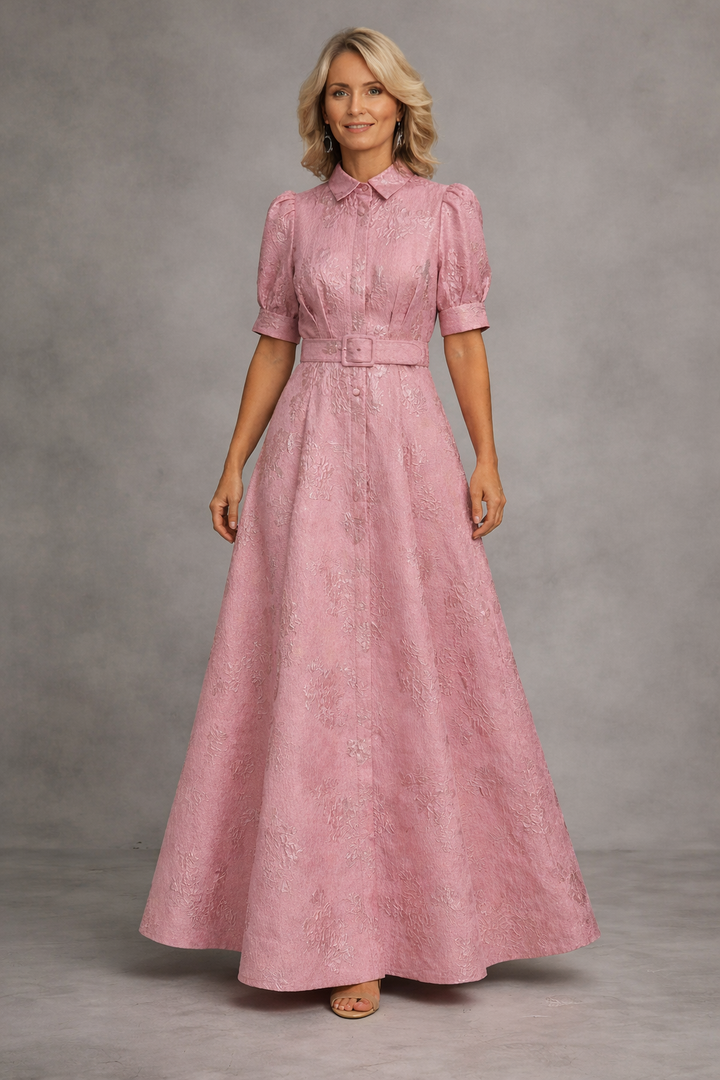 Pauline | Wedding Guest Shirt Maxi Dress with Belt and Puff Sleeves
