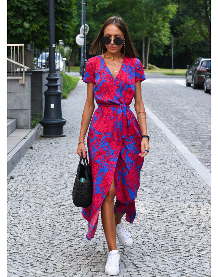 Ramona | Floral Midi Wrap Dress with V Neck and Short Sleeves