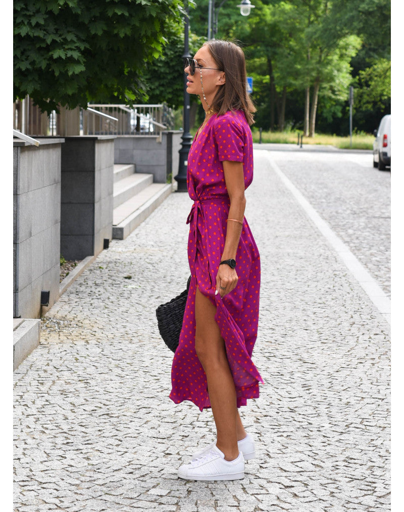 Ramona | Floral Midi Wrap Dress with V Neck and Short Sleeves