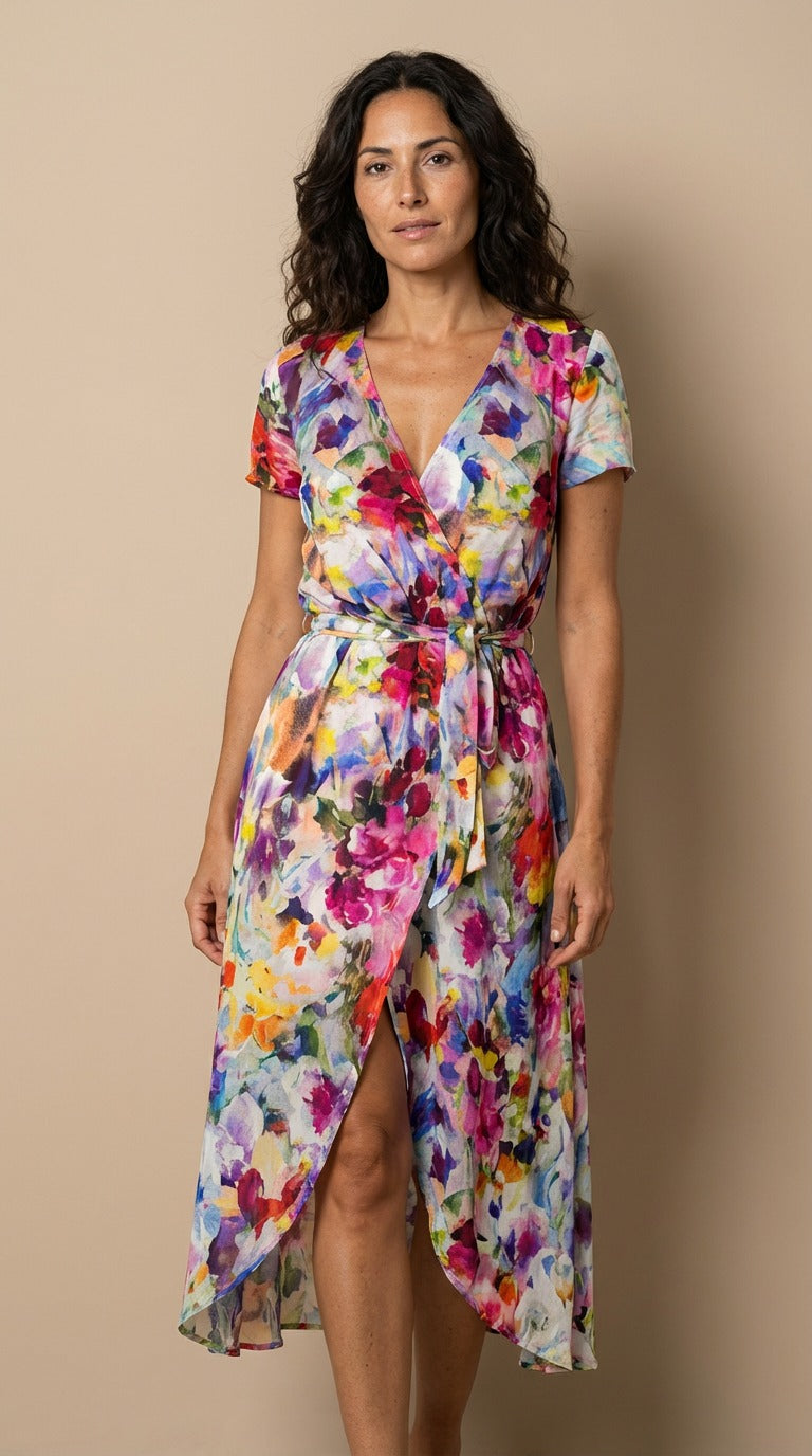 Ramona | Floral Midi Wrap Dress with V Neck and Short Sleeves