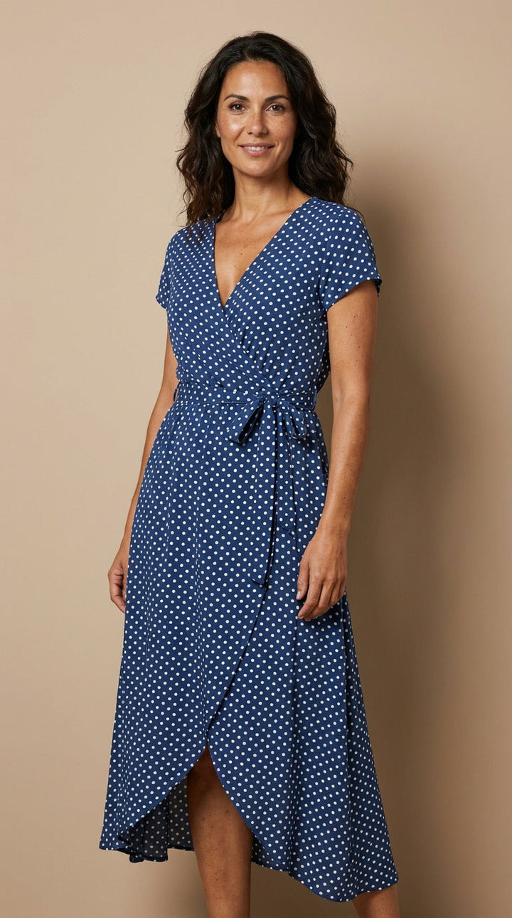 Ramona | Floral Midi Wrap Dress with V Neck and Short Sleeves